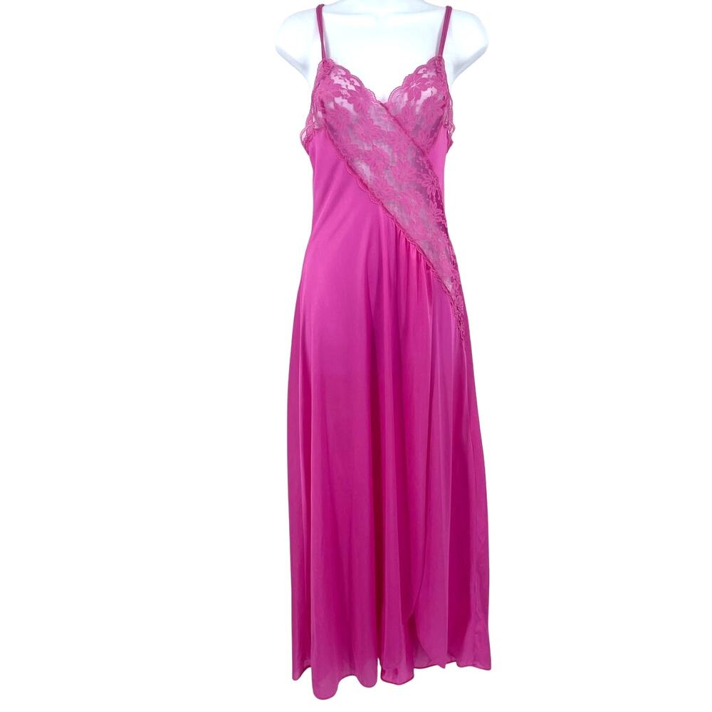 Vtg Y2K Val Mode Slip Dress Sz P Maxi Hot Pink Sexy Coquette Lace Fairy Grunge